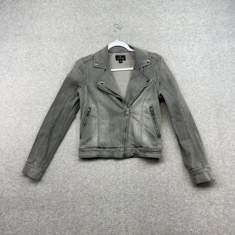 Lucky Brand Gray Denim Moto Jacket Women Size XS Asymmetrical Zip Biker